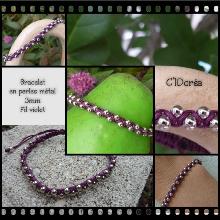 6€ Perles Métal Argenté 3mm - Fil Violet